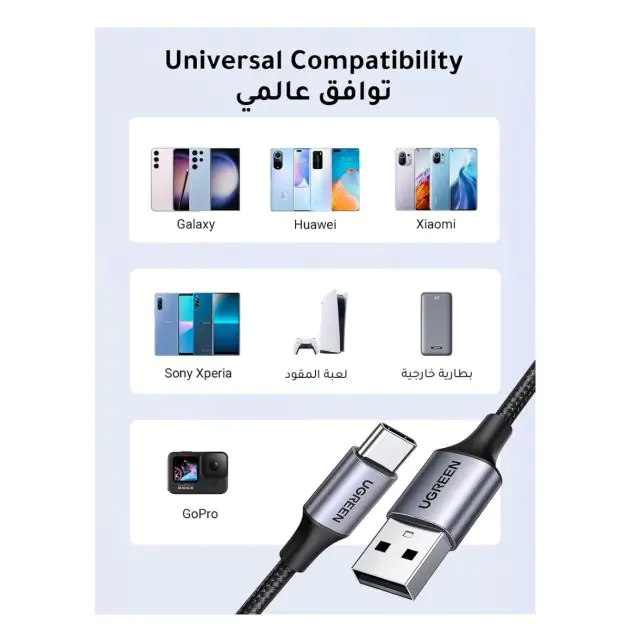 Câble USB vers Type-C UGREEN - 3 Mètres - Tressé en nylon pour charge rapide 3