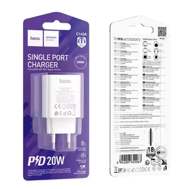 Chargeur HOCO - C143A - PD 20W - Port USB-C - Cordon Lightning Inclus - Charge Rapide iPhone - Blanc 3