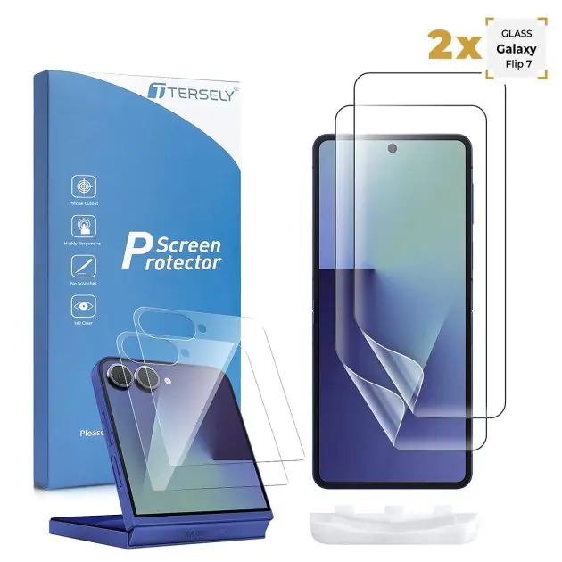 Lot de 2 + 2 Films de protection d'écran pour Samsung Galaxy Flip7 - 2 protections d'écran intérieures en TPU + 2 protections d'écran avant en verre trempé