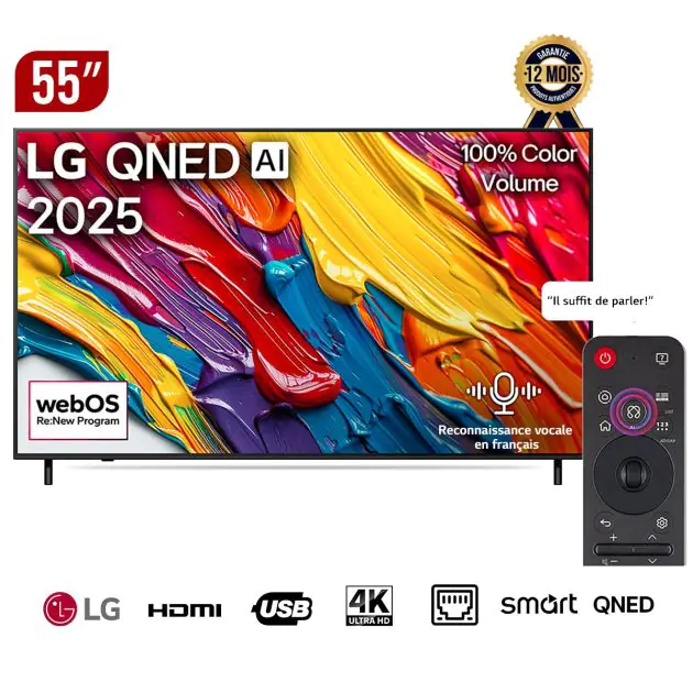 Smart TV LG 55 pouces - QNED TV - 55QNED82A6A - Quantum Dot Nanocell - WebOS Smart AI - ThinQ - Magic Remote - AI Sound Pro (5.1.2ch) - Version 2025 - 12 Mois de Garantie